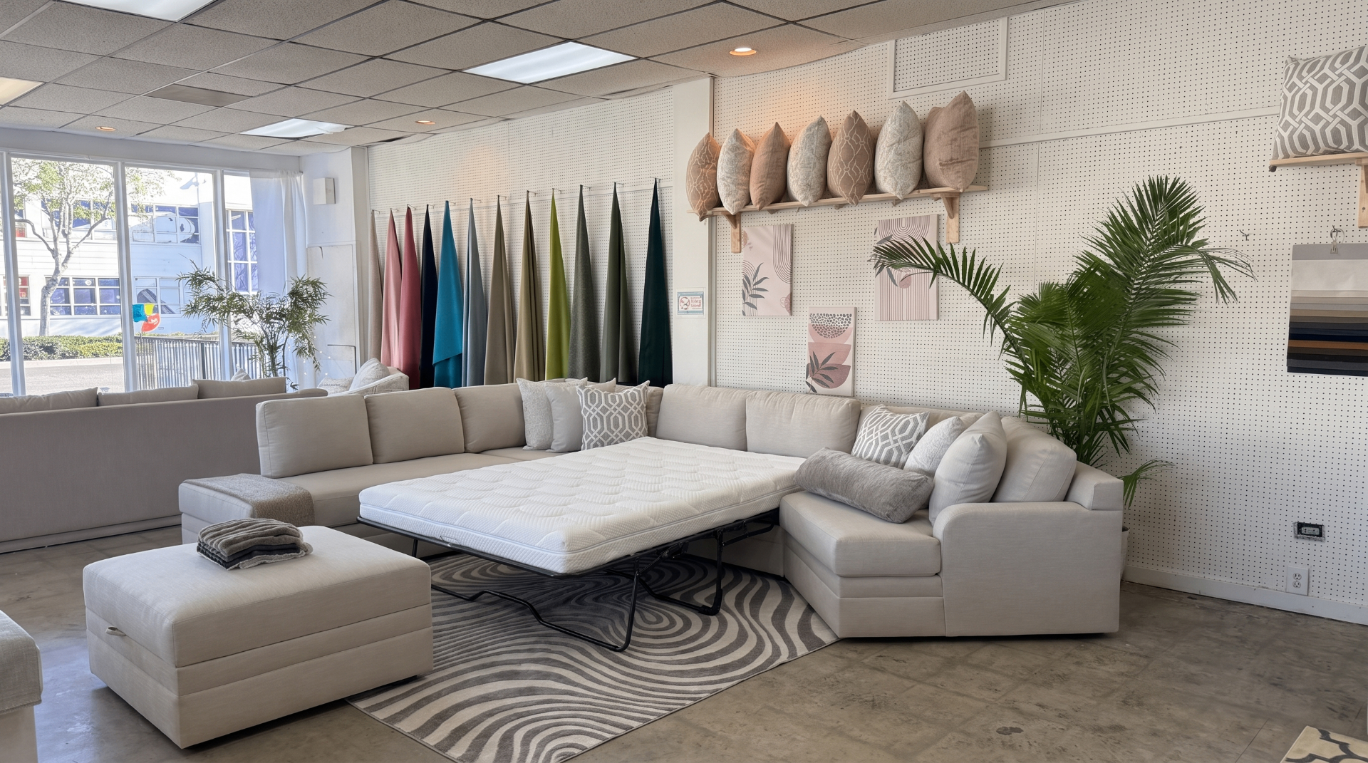 Sectional with pull-out sofa bed extended in showroom