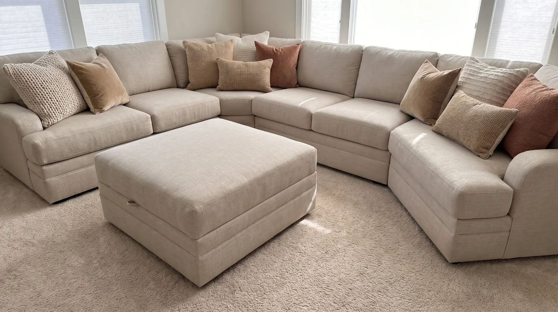 Custom U shaped cream sectional with ottoman in a customer's home