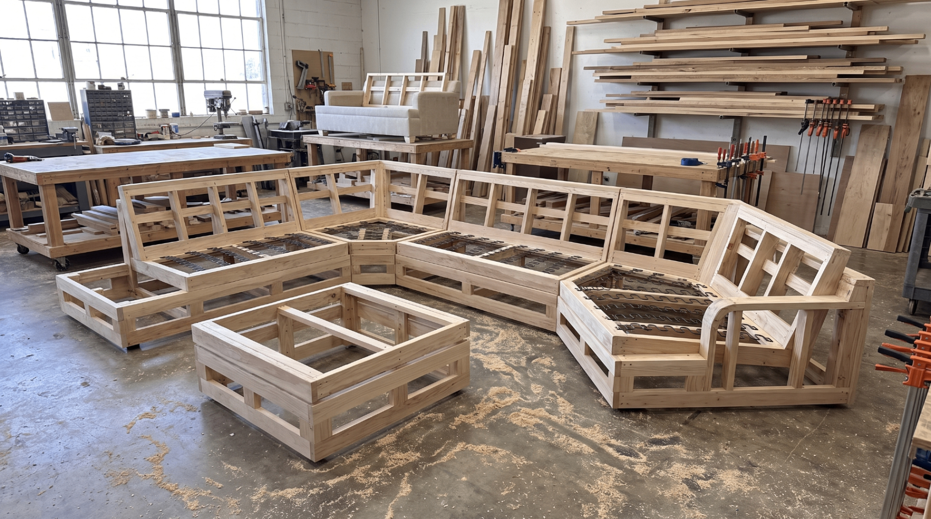 Hardwood sectional frames being built in the Los Angeles workshop